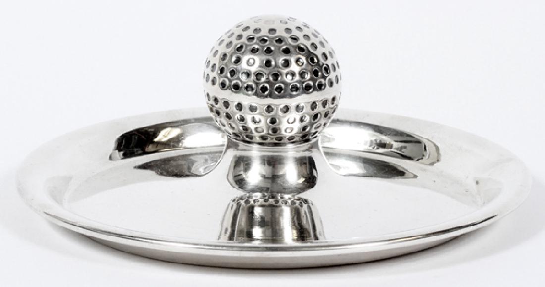B & M STERLING SILVER GOLF BALL ASHTRAY 20TH C.: B & M STERLING SILVER GOLF BALL ASHTRAY, 20TH C., H 2 1/4", DIA 6 1/4":Marked "B & M / Sterling" to underside. Weighs 4.91 troy ounces.