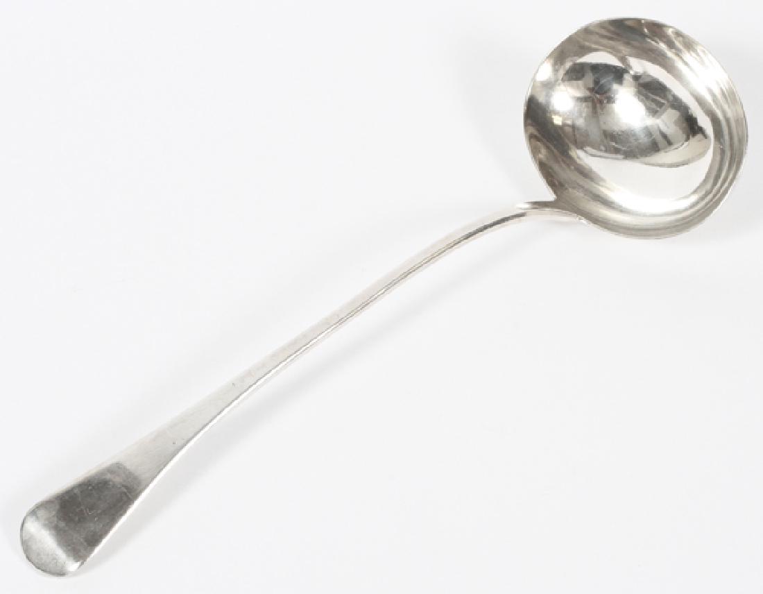 ENGLISH STERLING LADLE WILLIAM ELY & WILLIAM FERN: ENGLISH, STERLING LADLE, WILLIAM ELY & WILLIAM FERN, C.1815, L 13":Markings include lion passant, crowned leopard head, date letter U, and George III, maker's initials with monogram WE/WF. Weighs 6.3 