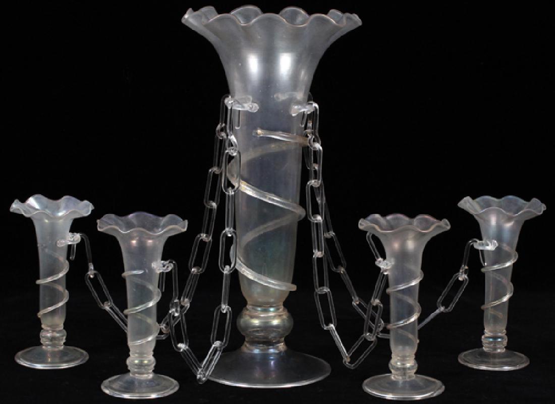 IRIDESCENT GLASS EPERGNE 5 PCS.: IRIDESCENT GLASS EPERGNE, 5 PCS., H 5"-11":Iridescent glass epergne having a larger vase, 11" H., with ruffled and flared rim spiral blown glass decoration applied to the tapered body. Four smaller va