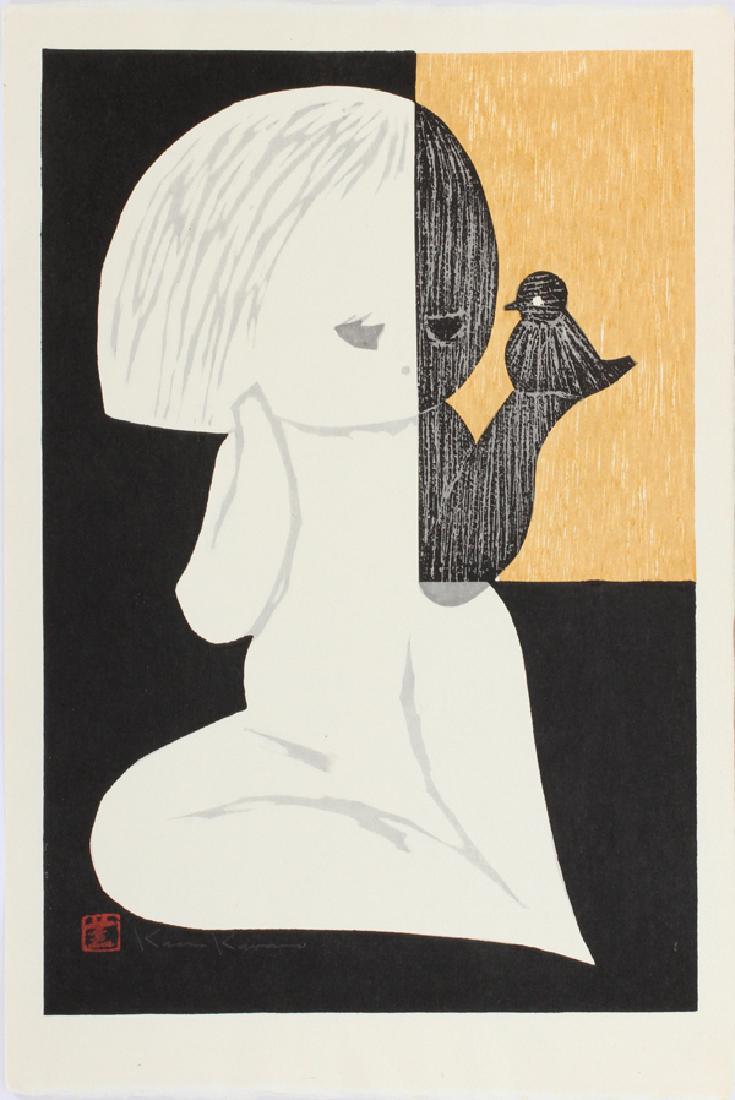 KAORU KAWANO WOODBLOCK PRINT: KAORU KAWANO (JAPANESE, 1916-1965), WOOD BLOCK PRINT, H 15", W 10":Signed within the print to the lower left corner, additionally stamped to the lower left corner.