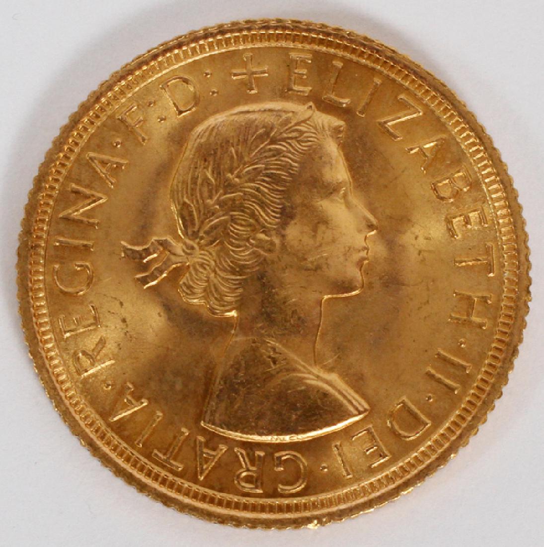 BRITISH QUEEN ELIZABETH II GOLD SOVEREIGN 1963: BRITISH, QUEEN ELIZABETH II, GOLD SOVEREIGN, 1963:British, Queen Elizabeth II, gold sovereign, 1963, with Saint George slaying dragon on verso.