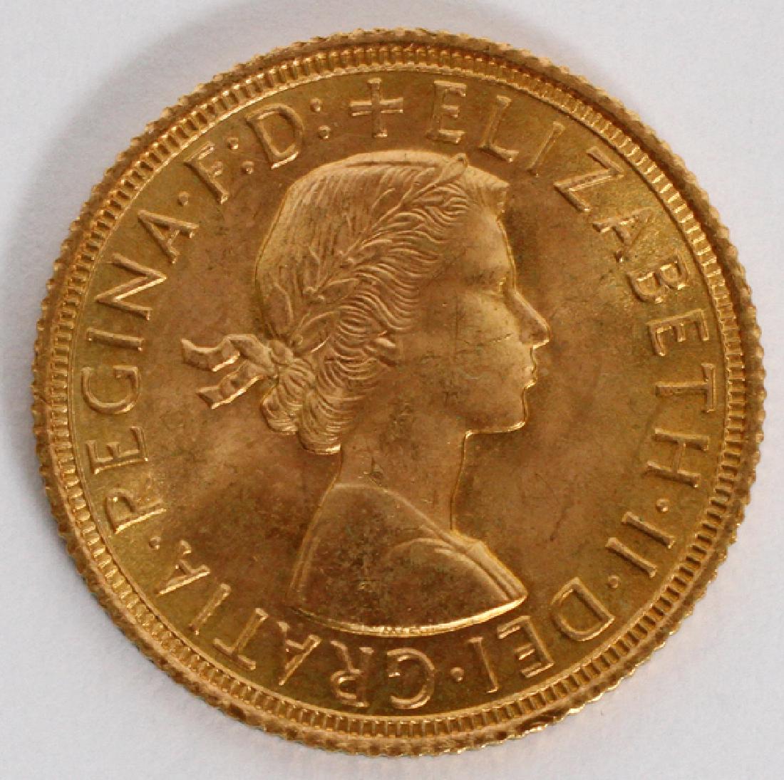 BRITISH QUEEN ELIZABETH II 1958 GOLD SOVEREIGN: BRITISH, QUEEN ELIZABETH II, 1958, GOLD SOVEREIGN:British, Queen Elizabeth II, gold sovereign, 1963, with St George slaying dragon on verso.