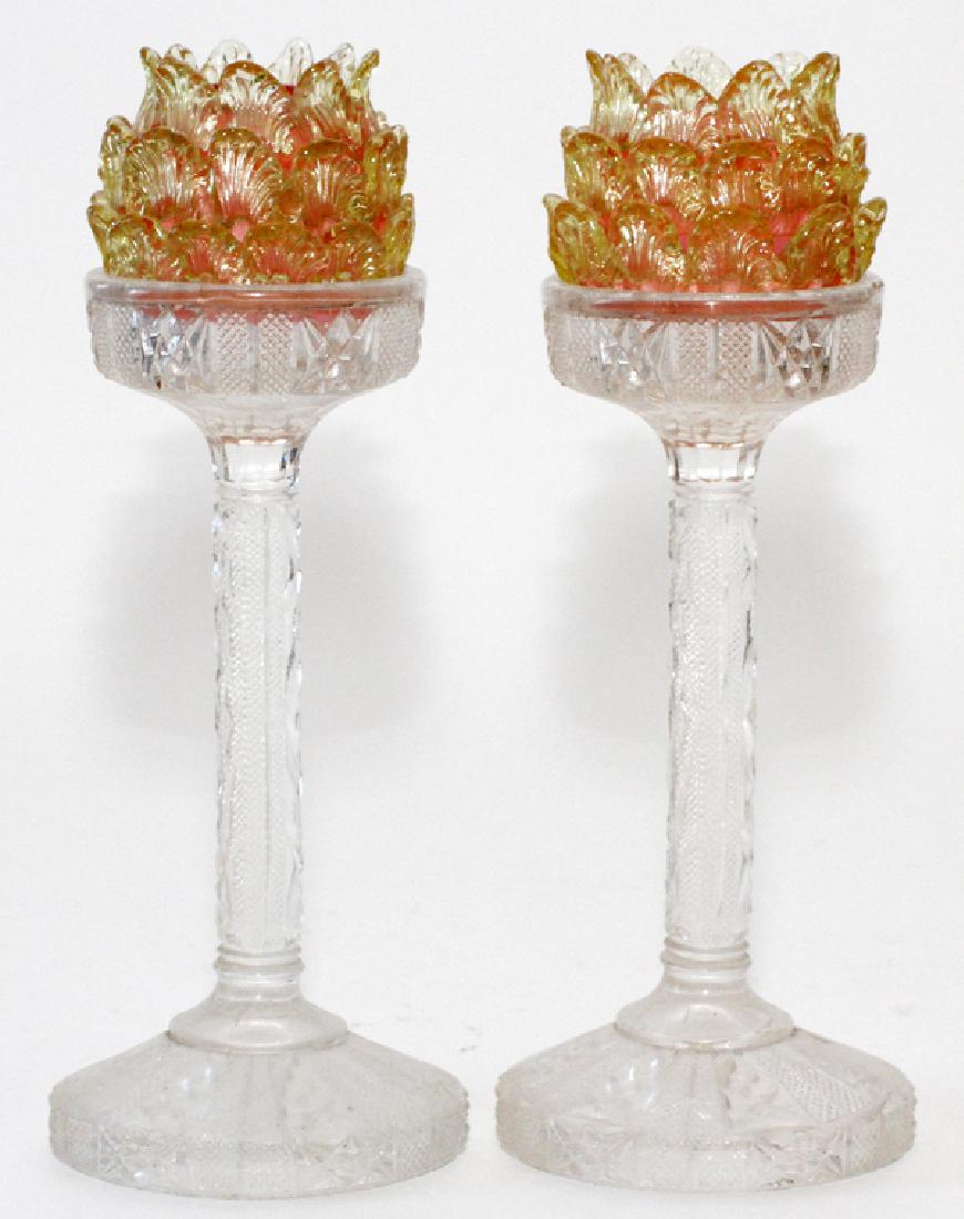 VICTORIAN APPLIED GLASS FAIRY LAMPS PAIR (1 of 3)