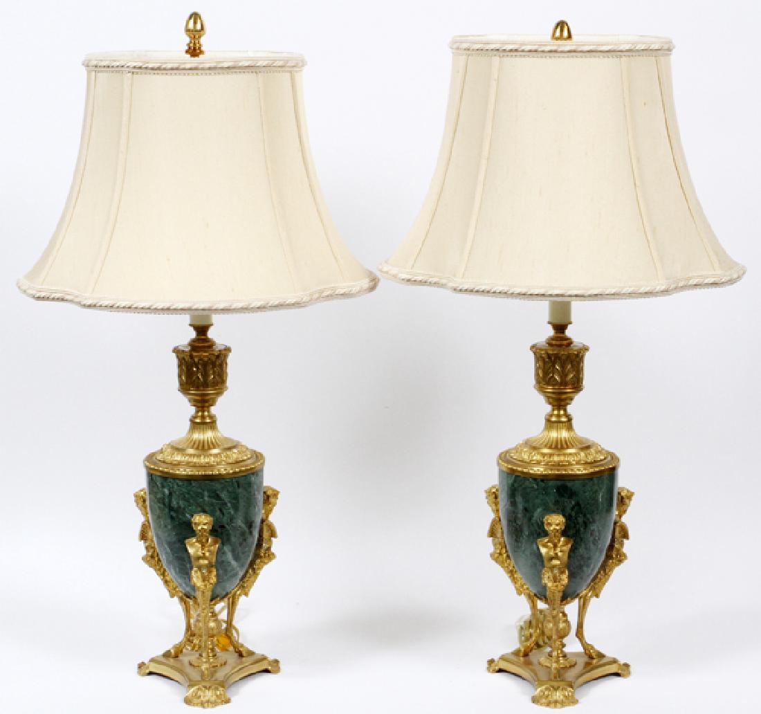 FRENCH STYLE GREEN MARBLE TABLE LAMPS PAIR (1 of 2)