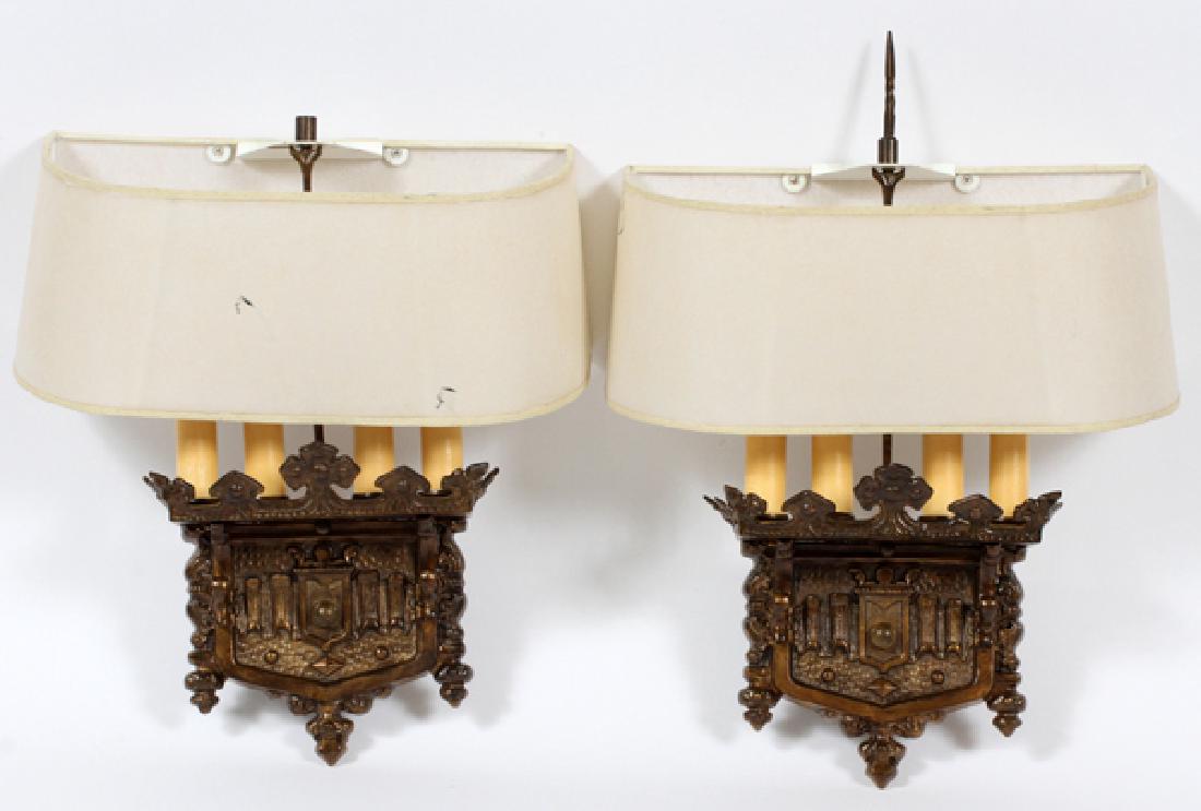 BRASS TUDOR STYLE FOUR LIGHT WALL SCONCES PAIR (1 of 3)