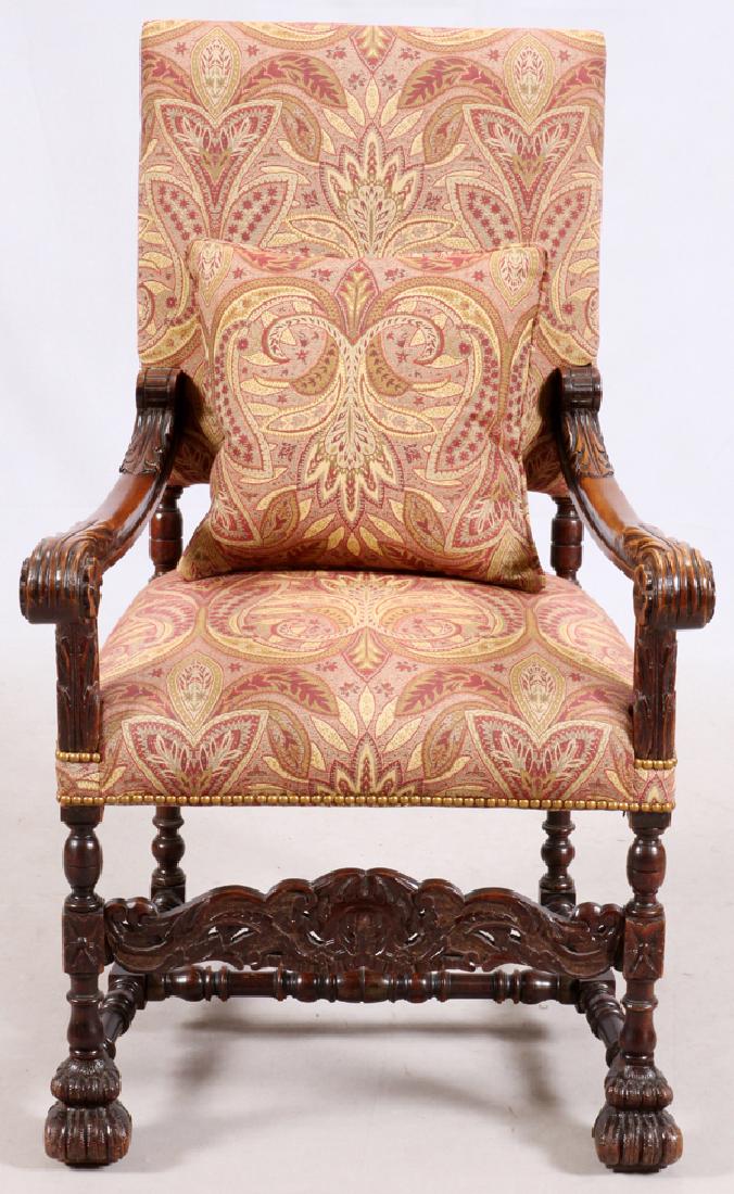 ENGLISH UPHOLSTERED & CARVED OAK CHAIR (1 of 2)
