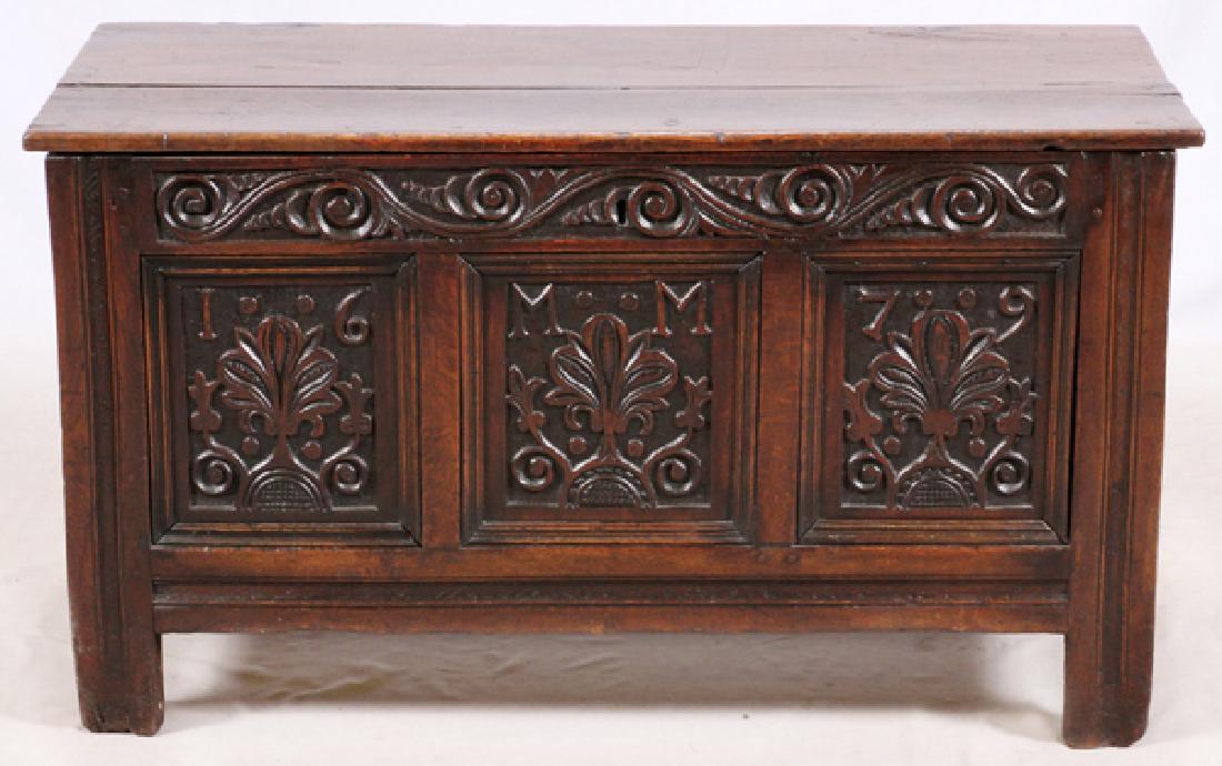 ENGLISH CARVED OAK COFFER 17TH C. (1 of 5)