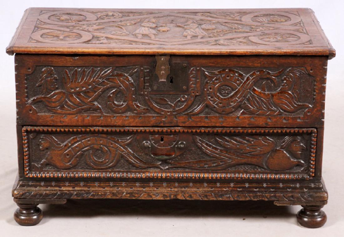 ENGLISH CARVED OAK MULE CHEST 17TH C. (1 of 4)