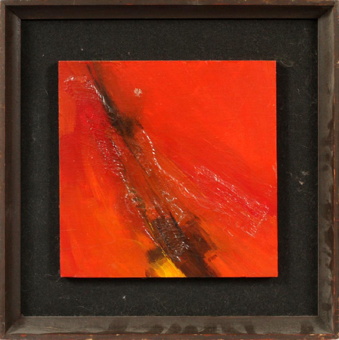 ATTRIBUTED TO ROBERT IRWIN OIL & COLLAGE: ATTRIBUTED TO ROBERT IRWIN (US, B. 1928), OIL & COLLAGE IN RED ON WOOD PANEL, H 9 3/4", W 9 3/4", UNTITLED COMPOSITION:Signed "Irwin" lower right; floated in the frame.