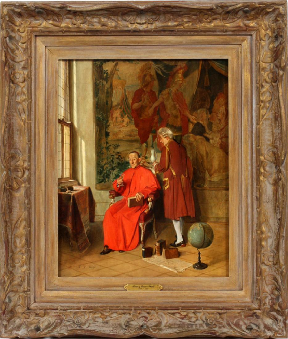 FRANZ XAVIER WOLFLE OIL ON MAHOGANY PANEL: FRANZ XAVIER WOLFLE (AUSTRIAN, 1896-1989), OIL ON MAHOGANY PANEL, H 17 1/2", W 14 1/2", "DELICIOUS":Signed lower left and framed.