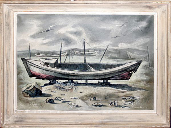 EDWARD CHAVEZ OIL ON CANVAS, "BY THE SEA": EDWARD CHAVEZ ( WOODSTOCK N.Y. 1917-1985), OIL ON CANVAS, C1947, 30" X 40", "BY THE SEA":having Ganso Gallery, N.Y. sticker on verso plus 1947 date on additional exhibition sticker; wood frame.