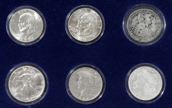 AM. SILVER DOLLARS: MORGAN, PEACE, EISEN.: AM. SILVER DOLLARS MORGAN 1921, PEACE 1922, EISENHOWER 1971,'76, EAGLE, SIX:American eagle 1990, 1791 Mexican 8 Reale.