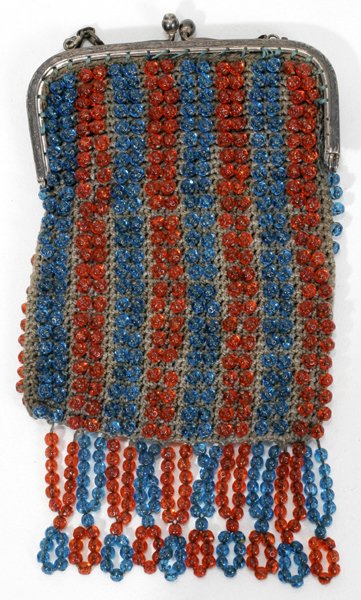 GLASS BEADED PURSE, SILVERPLATE FRAME: GLASS BEADED PURSE, SILVER PLATE FRAME ANTIQUE, H 8", W 5":Orange -red, blue color tones.