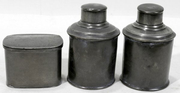 ENGLISH PEWTER SOAP BOX, J. DIXON & SONS: ENGLISH PEWTER SOAP BOX, J. DIXON & SONS, & PAIR OF TEA CADDIES, 19TH CENTURY, H 2 3/4"-5":Including 1 rectangular soap box by James Dixon & Sons, hinged lid, rounded corners, H.2 3/4", W.3 3/4"; and