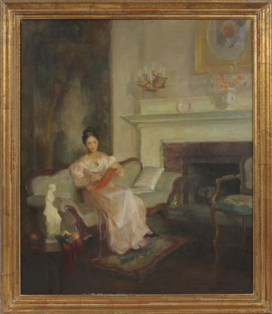 MARGUERITE PEARSON OIL ON CANVAS: MARGUERITE PEARSON (AMER. 1898-1978), OIL ON CANVAS, H 36", W 30":Portrait of a seated lady. Signed lower right. Gilt wood frame.