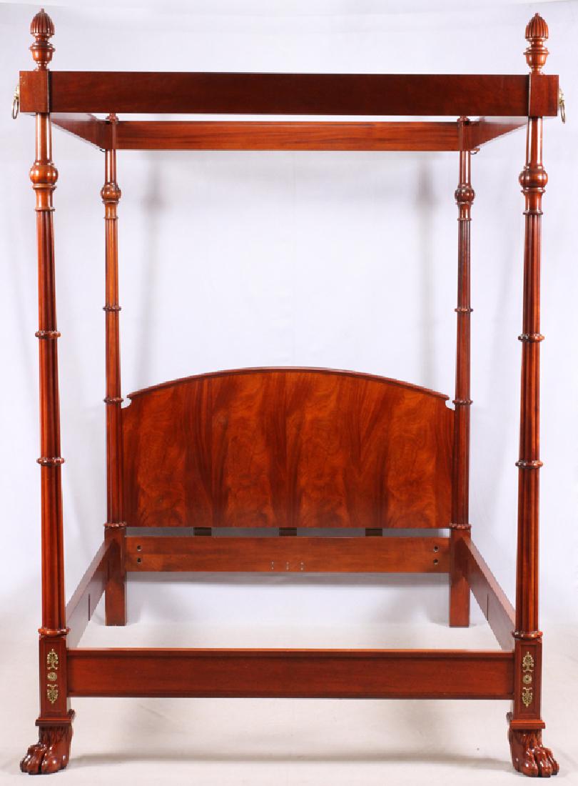 BAKER BEDROOM SUITE THREE PIECES: BAKER BEDROOM SUITE, THREE PIECES:Featuring a four poster queen size bed. Having a top frame with fluted spindle finials and brass lion masks hanging rings at the corners. Curved top edge to the headb