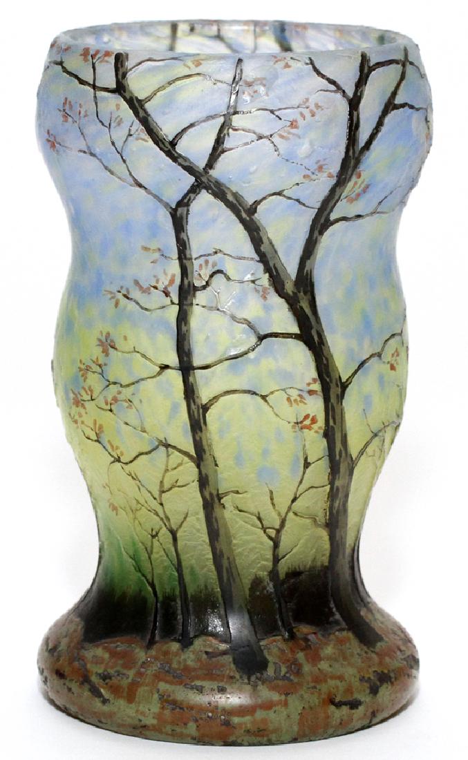 LEGRAS CAMEO GLASS VASE: LEGRAS CAMEO GLASS VASE, H 5 1/4", DIA 3":Signed LeGras. A forest scene. From the Estate of Dr. Henry and Grace Stricker, Milford, Michigan.
