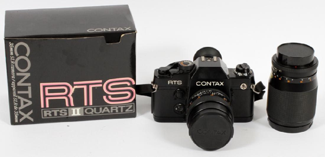 CONTAX RTS II CAMERA W/ 2 LENSES: CONTAX, RTS II CAMERA, WITH 2 LENSES, H 3 1/2", W 5 1/2":Painted black, serial no. 174754, accompanied by a Carl Zeiss Distagon 28mm 2.8 lens and a Carl Zeiss Sonnar 135mm f2.8 lens. With original box