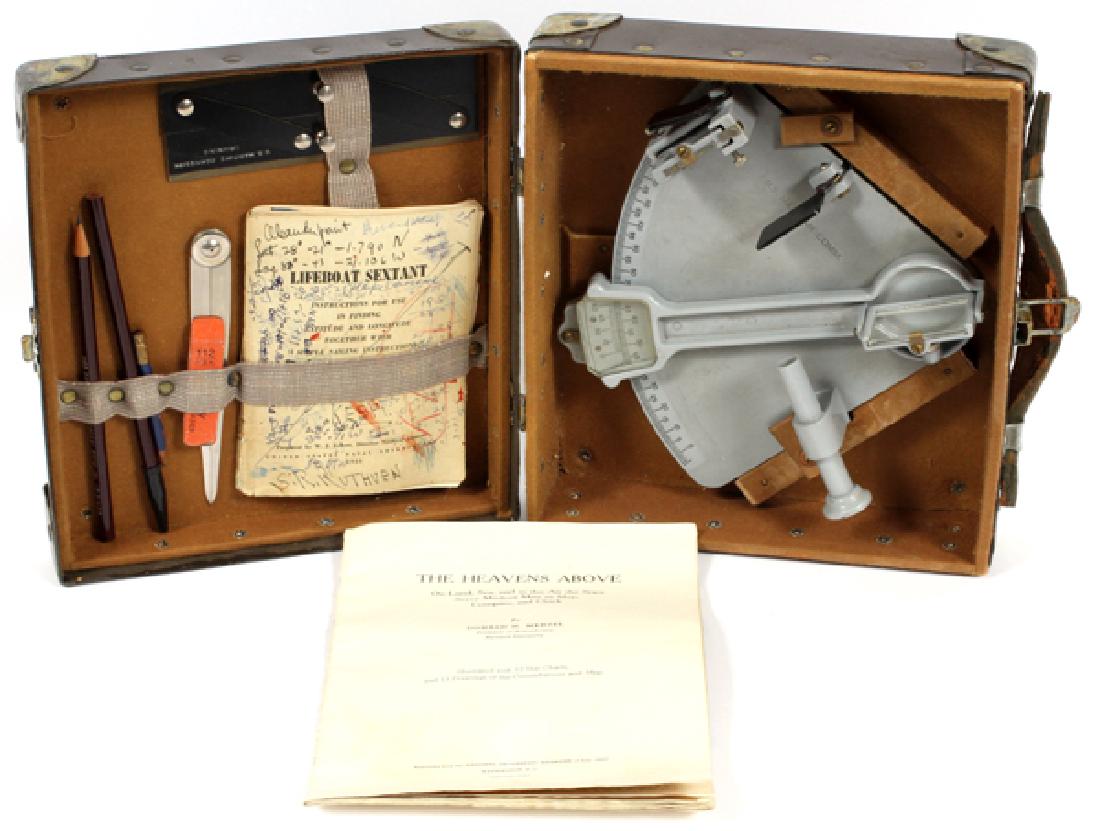 U.S. MARITIME COMMISSION LIFEBOAT SEXTANT: U.S. MARITIME COMMISSION LIFEBOAT SEXTANT, 1 SET H 10" SQ. D 3 1/2":Cruver mfg., instrument, instructions & documents by D. H. Menzel. Leather and metal case.