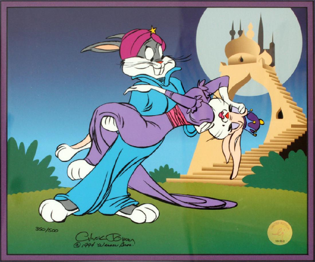 WARNER BROS CELLULOID: WARNER BROS CELLULOID, H 10'', W 12'', BUGS BUNNY & HONEY BUNNY "PRINCESS BRIDE":Bugs Bunny and Honey Bunny "Princess Bride", 1994. Limited Edition celluloid signed by Chuck Jones with facsimile backg
