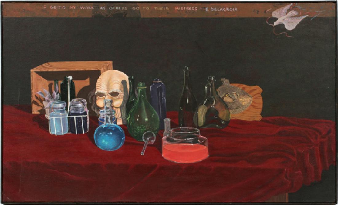 PAINTING: PAINTING, H 20", W 42", "I GO TO MY WORK AS OTHERS GO TO THEIR MISTRESS":Still life painting of various bottles, jars, a skull, mounted wolf head and a box. All setting on a red table cloth. Also a do