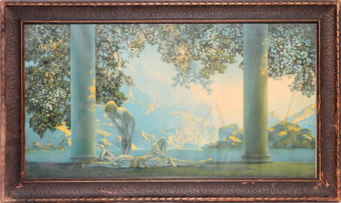 AFTER MAXFIELD PARRISH PRINT TWO NYMPHS ON TERRACE: AFTER MAXFIELD PARRISH (AMER. 1870-1966), PRINT, TWO NYMPHS ON TERRACE, H 9 1/2", W 17":Classical setting depicting two nymphs on a terrace with pillars, framed.