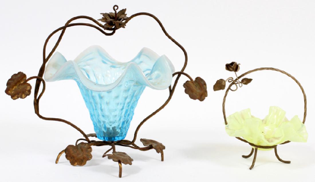 VICTORIAN COLORED GLASS & VASELINE BRIDE'S BASKETS (1 of 2)