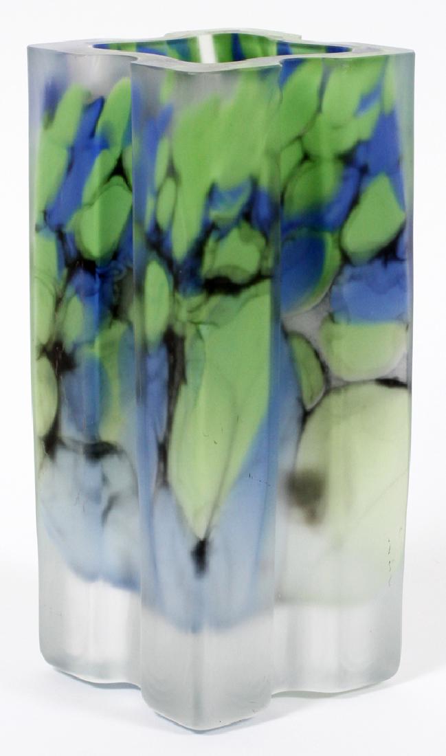 PYUWIEWIC SQUARE BLUE GREEN GLASS VASE 2002: PYUWIEWIC SQUARE BLUE GREEN GLASS VASE, 2002, H 9", W 3 1/2":Clear to blue to green. Signed and dated on the underside.