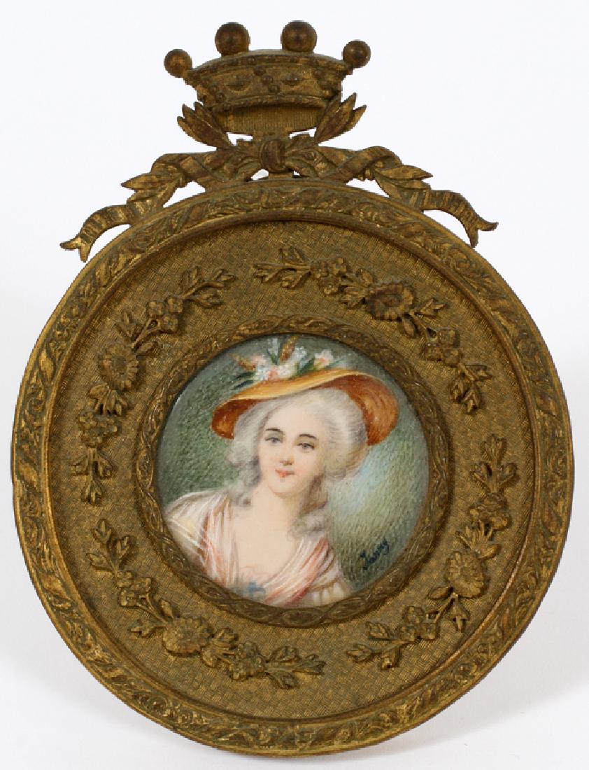 HAND PAINTED MINIATURE W/ A BRONZE FRAME: HAND PAINTED MINIATURE WITH A BRONZE FRAME, H 4 1/4", W 3 1/4":Illegible signature, possibly Fanny. 'Toomy' on lower right. In an easel style frame. From the Estate of Dr. Henry and Grace Stricker, Mi