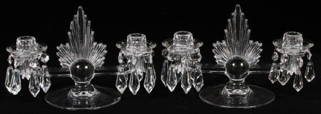 ART DECO STYLE MOLDED GLASS TWO LIGHT CANDELABRA: ART DECO STYLE MOLDED GLASS TWO LIGHT CANDELABRA, PAIR, H 7", W 10 1/2":Each having tubular arms with center sphere crested with finial.