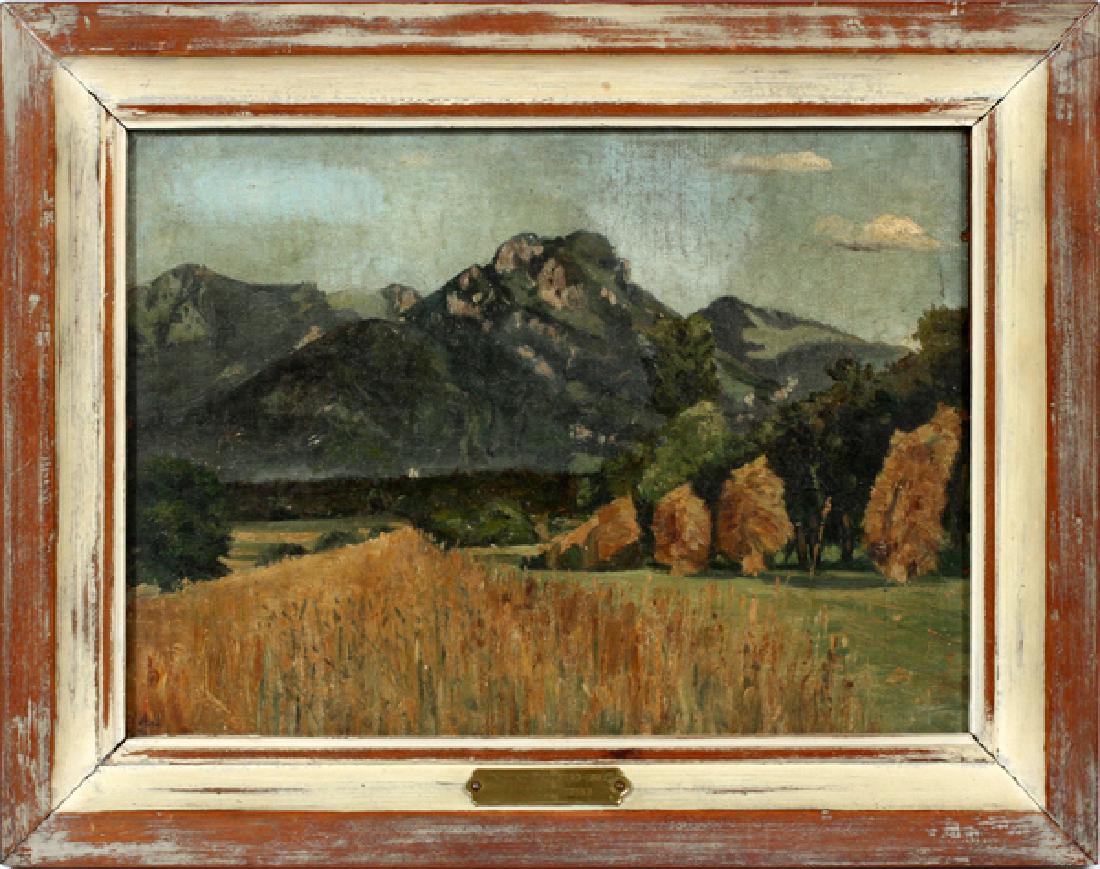ATTRIBUTED TO ALFRED JUERGENS OIL ON MASONITE: ATTRIBUTED TO ALFRED JUERGENS, OIL ON MASONITE, H 10", W 14", "MOUNT FELDBERG-1887":Signed AJ. Highest peak in Black Forest. Frame size 13 1/2" x 17 1/2".
