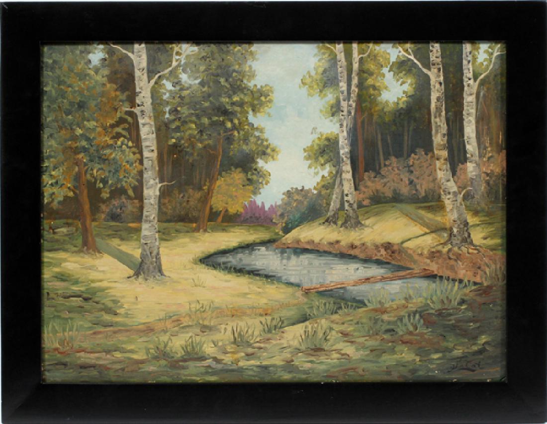 JULIAN FALAT OIL ON BOARD: JULIAN FALAT (POLISH, 1853-1929), OIL ON BOARD, H 17 1/4", W 23 1/4", LANDSCAPE WITH STREAM & BIRCH TREES:Signed lower right; framed.