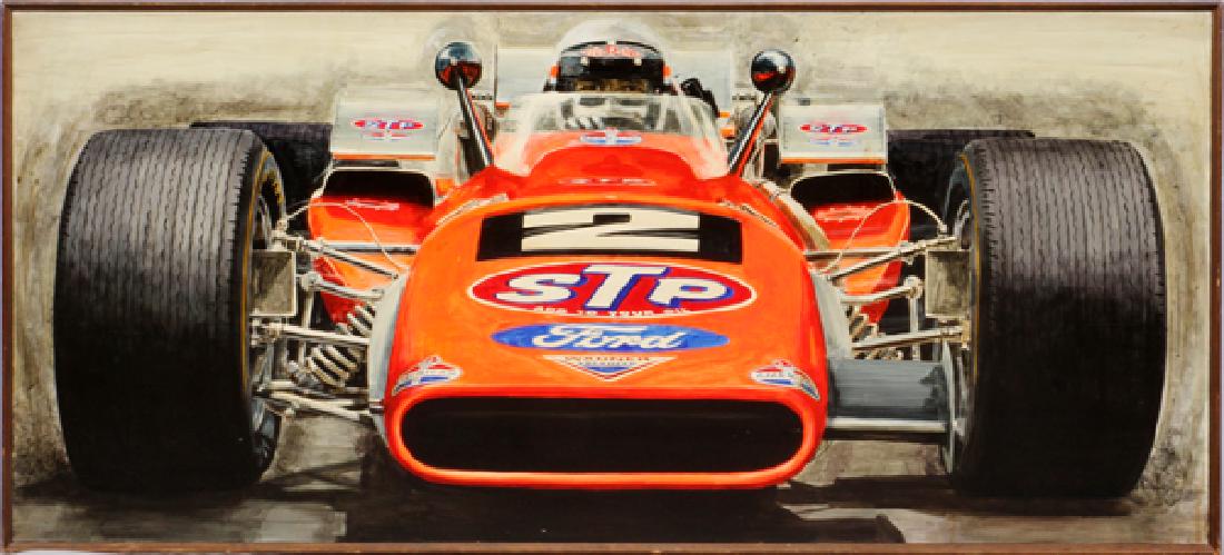 OIL PAINTING ON BOARD C1969 MARIO ANDRETTI: OIL PAINTING ON BOARD, C1969, H 38", W 80", MARIO ANDRETTI, 1969 INDIANAPOLIS 500 WINNER:OIL PAINTING ON BOARD. DEPICTS MARIO ANDRETTI SITTING IN THE BRAWNER HAWK FORD ROADSTER IN WHICH HE WON THE 196