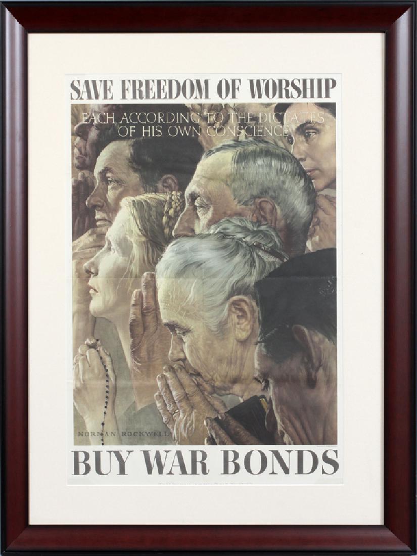 NORMAN ROCKWELL, (AMERICA, 1894-1978), POSTER: NORMAN ROCKWELL, (AMERICA, 1894-1978), POSTER, H 27'', W 18 1/2'', "FREEDOM OF WORSHIP" FRAMED AND MATTED UNDER GLASS. VIS: H 27'', W 18 1/2''. FRAME: H 26'', W 28''. LINEN BACKING. "BUY WAR BONDS".