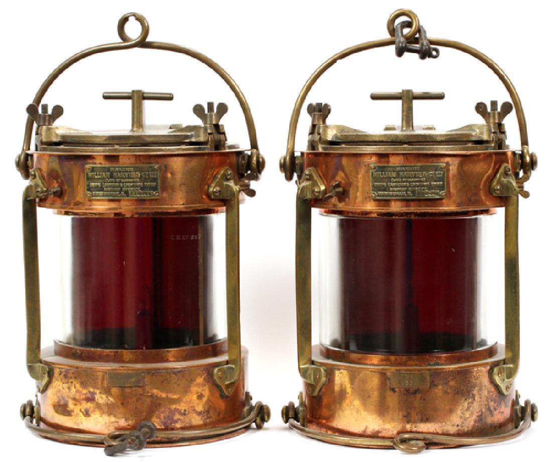 COPPER AND BRASS SHIPS LANTERNS PAIR H 16", D 11": COPPER AND BRASS SHIPS LANTERNS PAIR H 16", D 11"WILLIAM HARVIE & CO LTD. LATE OF GLASGOW. SHIPS LANTERN AND LIGHTING ENGW. BISHOP STREET. BIRMINGHAM, B. B10066. COPPER BASE. PATTERN NO. 1337. ELECTRI