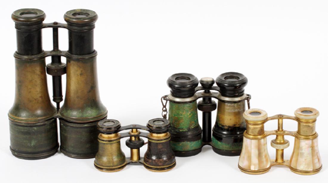 BINOCULARS & OPERA GLASSES 4 PCS.: BINOCULARS & OPERA GLASSES, 4 PCS.1 pair of Lemaire Fab Paris binoculars (as is condition) 8 1/2" (open), circa 1920; 1 pair of Champoux Paris Binoculars with built in compass (as is ) with brass tube
