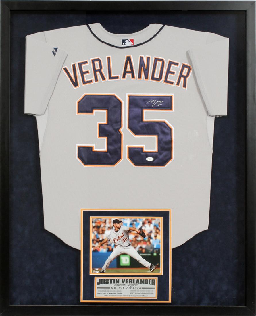 JUSTIN VERLANDER SIGNED JERSEY, H 39'', W 31'': JUSTIN VERLANDER SIGNED JERSEY, H 39'', W 31''FRAMED AND FLOATED UNDER PLEXIGLAS. SIGNED JERSEY WITH PHOTO. VIS: H 39'', W 31''. FRAME: H 42'', W 34''. WITH LETTER OF AUTHENTICITY FROM 'JSA' AUTHENTIC