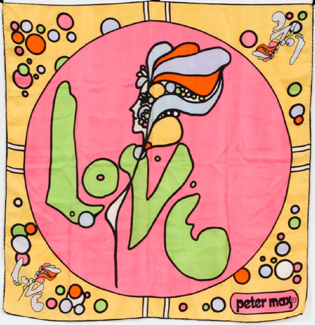 PETER MAX SILK SCARF "LOVE", 27' X 26": PETER MAX SILK SCARF "LOVE", 27' X 26" "LOVE" IN LARGE LETTERS IN A PINK CIRCLE WITH YELLOW SURROUND AND COLORED CIRCLES. SIGNED IN IMAGE. ALSO PETER MAX ILLUSTRATED BOOK: "PETER MAX / SIVANANDA" PUBL