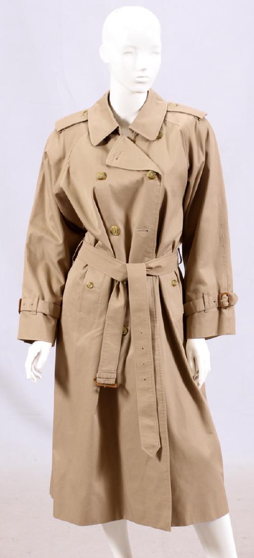 BURBERRY WOMEN'S CLASSIC TRENCH COAT, L 47": BURBERRY WOMEN'S CLASSIC TRENCH COAT, L 47":A CANVAS WOMEN'S DOUBLE BREASTED TRENCH COAT, HAVING A REMOVABLE TAN WOOL AND CAMEL HAIR LINER, WITH A SIGNATURE PLAID INTERIOR. LABELED TO INTERIOR. MONOGR