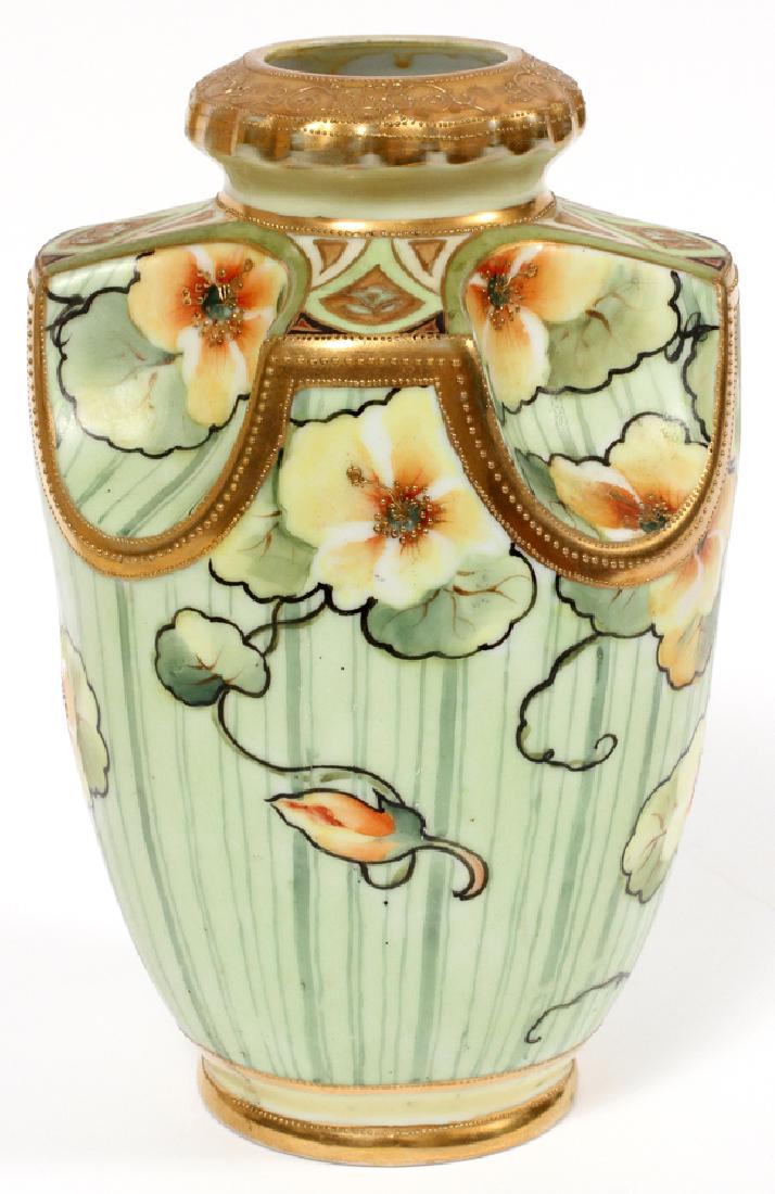 NIPPON HAND PAINTED FLORAL VASE, 1910C, H 10": NIPPON HAND PAINTED FLORAL VASE, 1910C, H 10"fired gold trim, green mark on the underside.