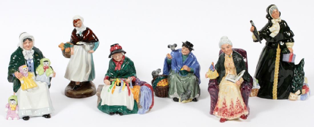 ROYAL DOULTON PORCELAIN FIGURINES, SIX: ROYAL DOULTON PORCELAIN FIGURINES, SIX, H 5 1/2"-9"Includes: Prized Possessions, Hn2942; Tuppence a Bag, Hn2320; the Rag Doll Seller, Hn2944, signed by Michael Doulton, dated 6/21/85; Country Lass, Hn