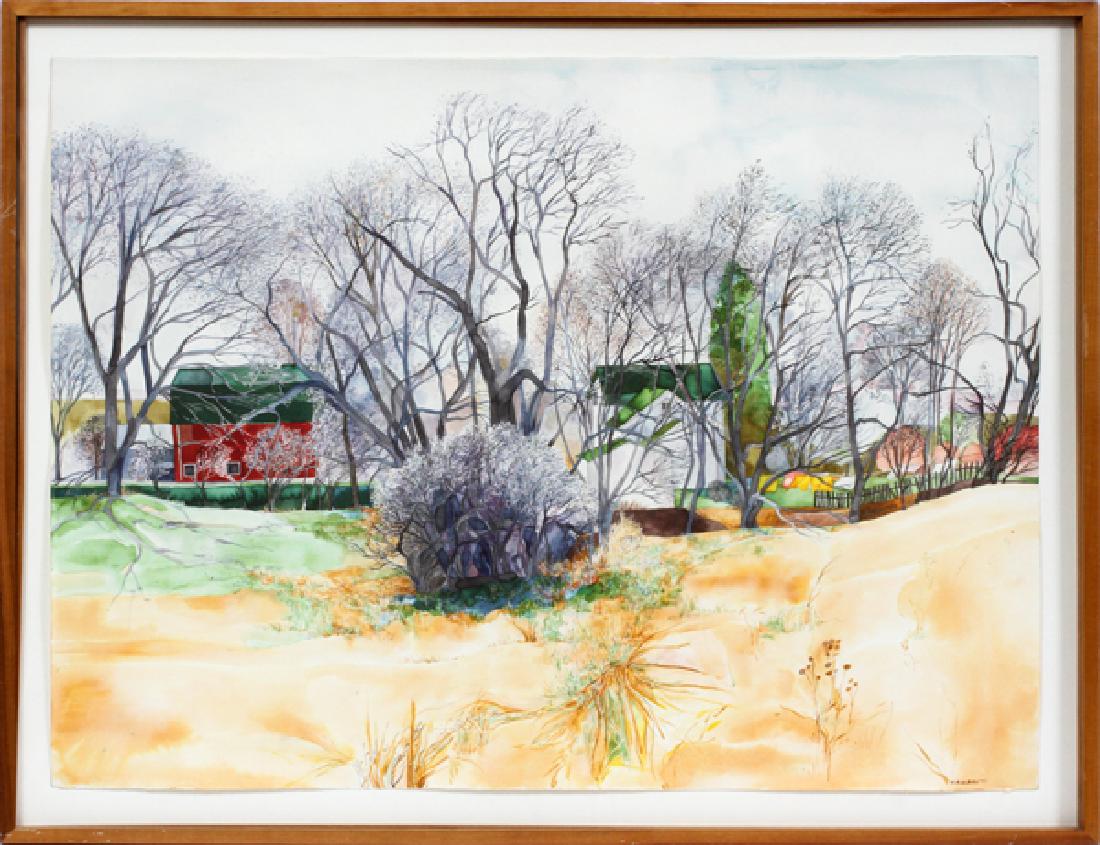 K.A. KLEIN WATERCOLOR 1977 LANDSCAPE: K.A. KLEIN, WATERCOLOR, 1977, H 22", W 20", LANDSCAPE WITH BARN & HOUSE IN BACKGROUNDSIGNED AND DATED LOWER RIGHT; FRAMED; ARNOLD KLEIN FRAMING LABEL.