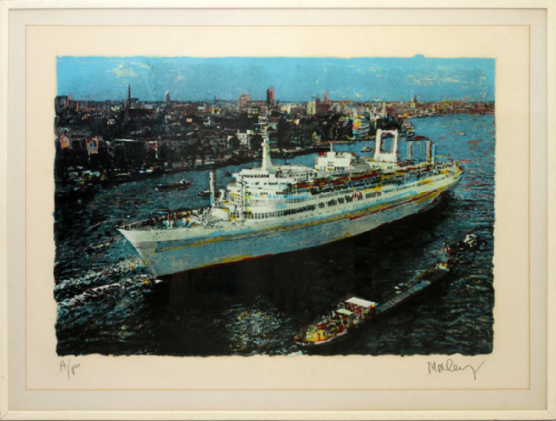 MALCOLM MORLEY SILKSCREEN S.S. AMSTERDAM: MALCOLM MORLEY, SILKSCREEN, H 22" W 33" S.S. AMSTERDAMArtist proof. Signed. Image size: H 22'', W 33''. Frame size: H 32'', W 42''. FROM THE ESTATE OF ANNE MARKLEY SPIVAK.