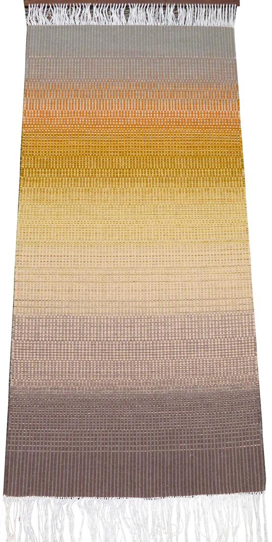 HEIJU OAK PACKARD WOOL WEAVING, W 2' 4", L 4' 11": HEIJU OAK PACKARD WOOL WEAVING, W 2' 4", L 4' 11"Hanging weaving by the artist Heiju Oak Packard. In tones of grey, yellow and orange. Wooden stretcher bar at top and label on the reverse with number 