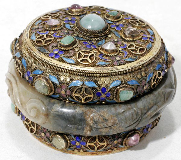 CHINESE GILT, ENAMEL & ROSE QUARTZ BOX,: CHINESE SILVER-GILT, ENAMEL & ROSE QUARTZ BOX, MODERN, DIA 2 1/2":Removable cover, enameled floral sprays about, inset with semi-precious stones, and a carved bangle at the center. Overall Dia.3 1/4".