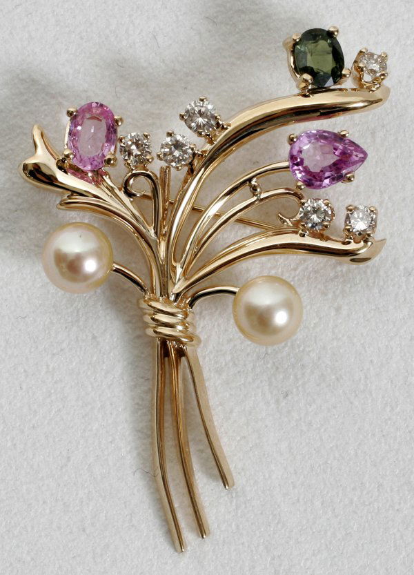VINTAGE FLORAL BUNDLE PIN W/SAPPHIRES, L2": VINTAGE FLORAL BUNDLE PIN WITH PINK AND GREEN SAPPHIRES, L 2":Includes 2 cream cultured pearls. Diamonds .70 ct. Si clarity, J-K color. 14kt yellow gold. Total weight 13.1 grams.