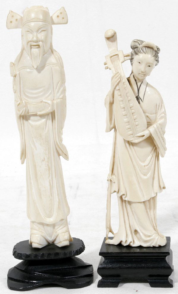 CHINESE CARVED IVORY STANDING MALE & FEMALE: CHINESE CARVED IVORY STANDING MALE AND FEMALE FIGURES, TWO, H 5 1/4" & 6", ATTACHED STANDS:Includes one female figure with lute in hand, H 5 1/4". 6 1/4" overall; and one male figure, H 6", 7" overall
