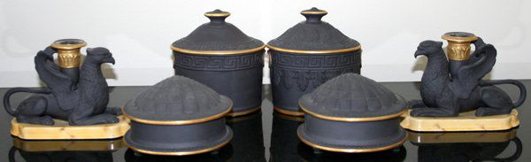 BLACK BASALT DECORATIVE BOXES & CANDLESTICKS: BLACK BASALT DECORATIVE BOXES & CANDLESTICKS, MODERN, SIX PIECES, H 3 1/2"-5 3/4":Including 4 boxes and 2 candlesticks. (rev.20070316)