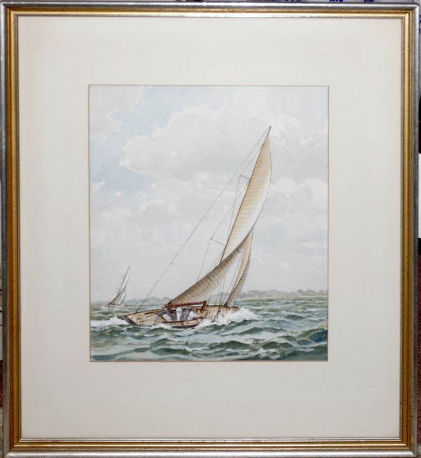 032124 AMERICAN WATERCOLOR, 'SAILBOAT KEELING'