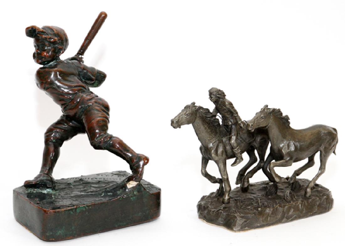 BRONZE CLAD AND PEWTER FIGURES, 2 PIECES: BRONZE CLAD AND PEWTER FIGURES, 2 PIECES, H 5 3/4"-8", W 6"-8"INCLUDES 1 BRONZE CLAD FIGURE OF A BOY WITH A BASEBALL BAT, SIGNED 'EDGARDO SIMONE' DATED 1934; TOGETHER WITH 1 PEWTER FIGURE OF A NATIVE